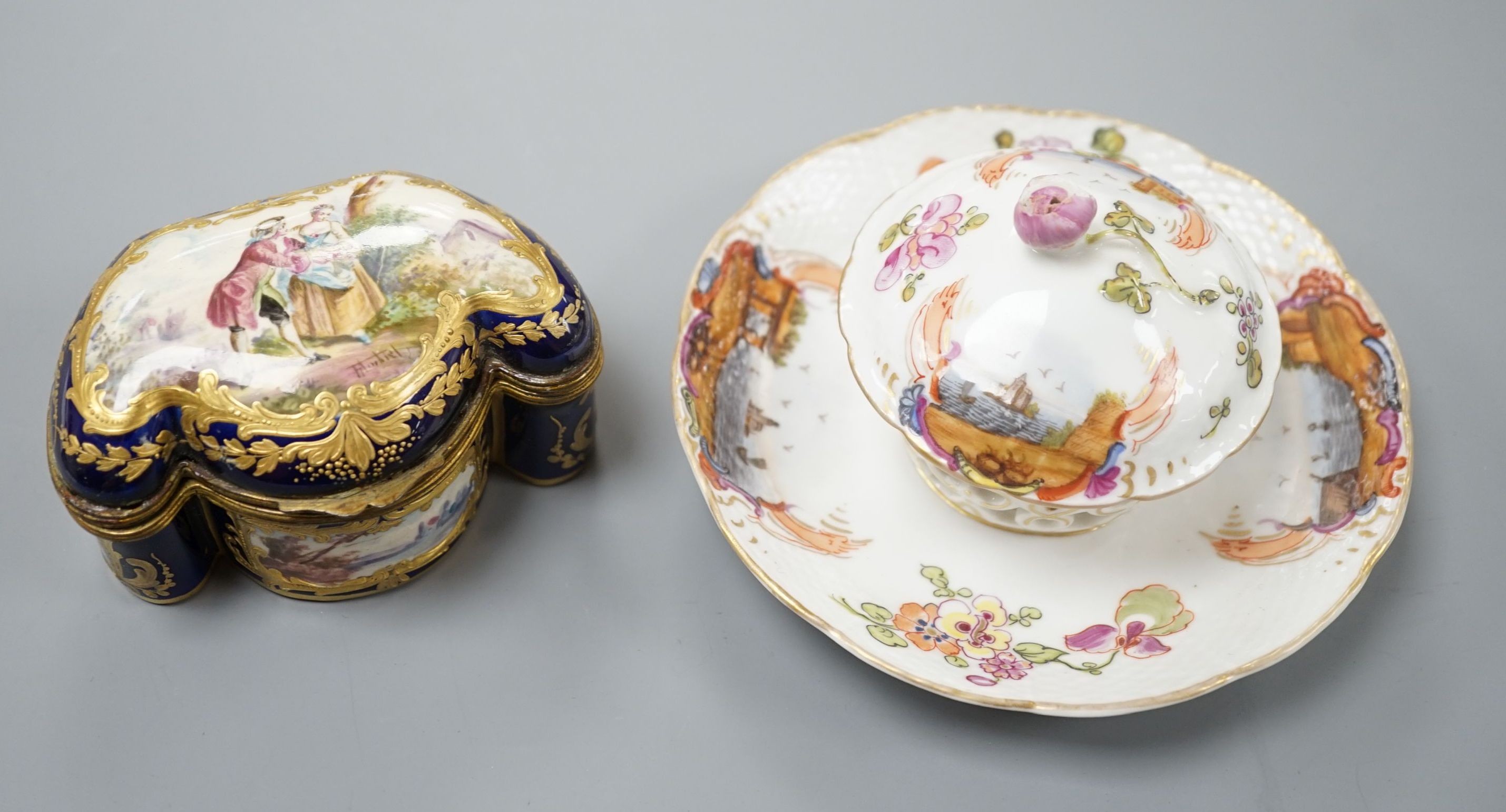 A Sevres style porcelain box and a covered pot pourri, box 5 cms high.